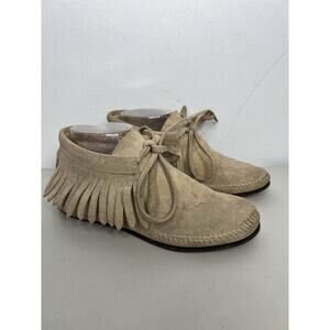 Vintage Pretties Tan Suede Tie Fringe Moccasin Slip On Boho Hippie Size 6.5